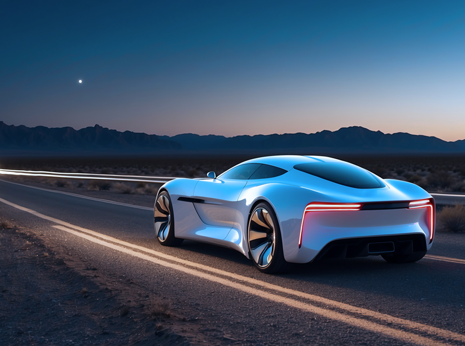 A modern electric vehicle drives along a winding road at dusk, combining advanced innovation in mobility solutions developed by RLE International.