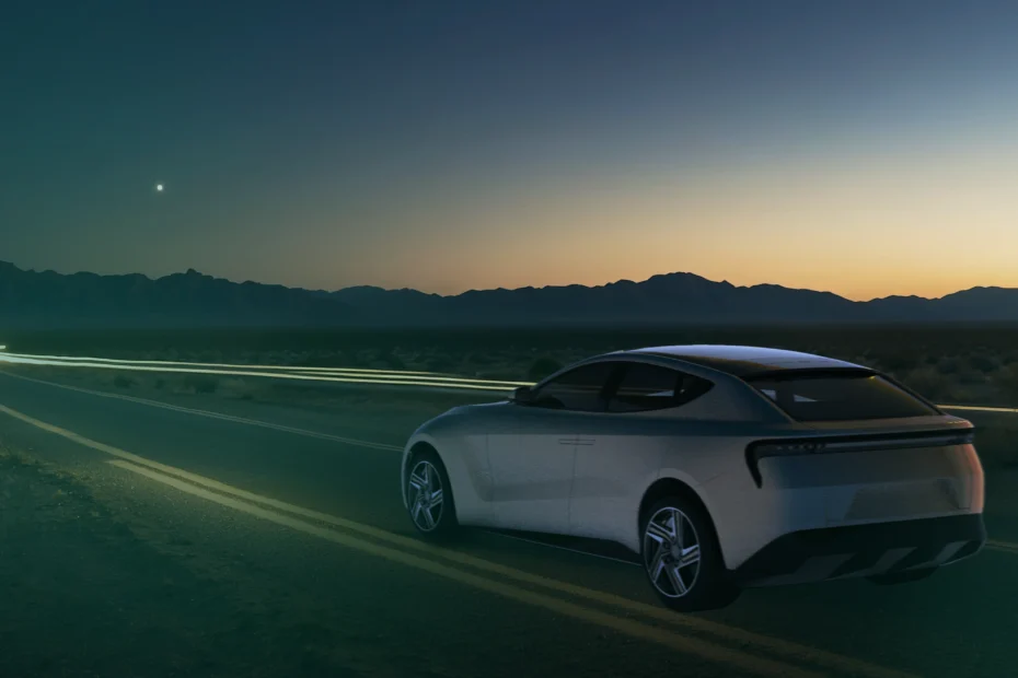 A modern electric vehicle drives along a winding road at dusk, combining advanced innovation in mobility solutions developed by RLE International.