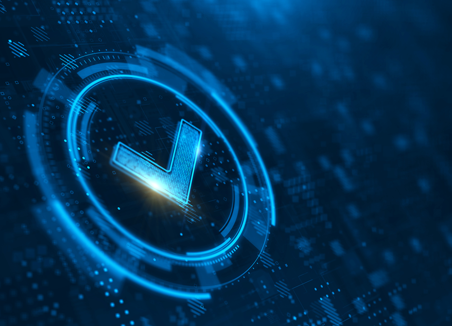 Digital checkmark symbol in a futuristic blue interface, representing strong Governance standards, compliance, and quality assurance in a technology-driven system.