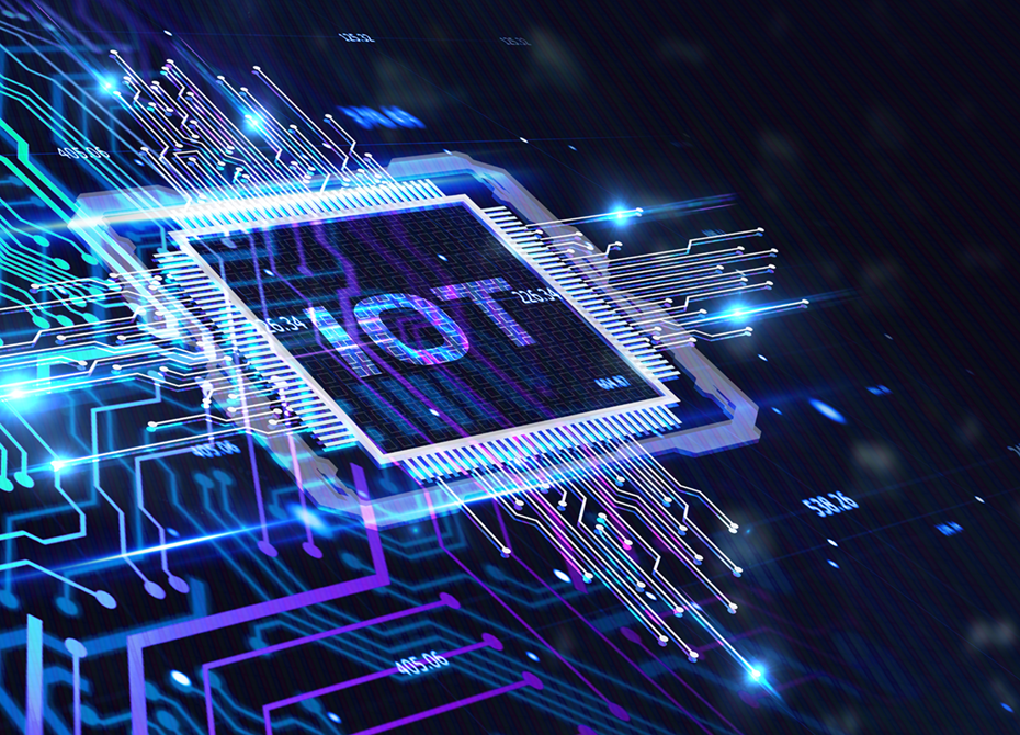 close-up of a futuristic microchip labeled "IoT," surrounded by glowing circuit lines and digital connections, representing software development and Embedded Systems in IoT technology.
