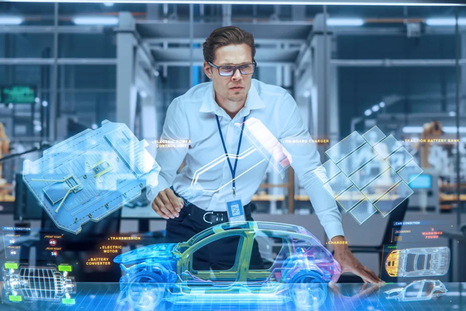Engineer analyzing a 3D holographic model of a car in an advanced laboratory, showcasing innovative automotive development services and cutting-edge technology.