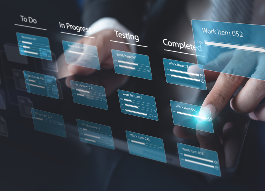 A close-up of a digital task board with labeled columns featuring progress bars and task statuses, alongside a person interacting with the interface, illustrating software development and system integration processes.