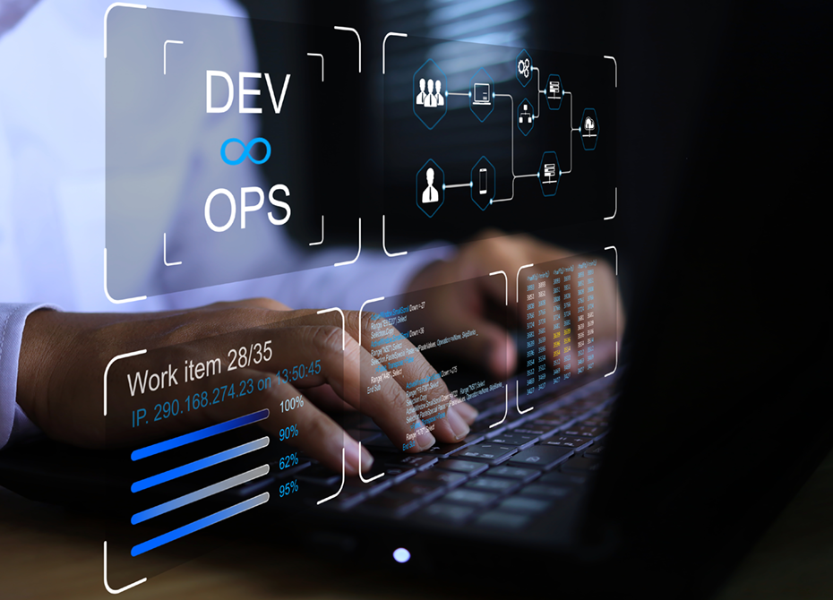 A professional works on a laptop, focusing on consulting services and technology integration, with a digital interface displaying DevOps processes, task progress, and system architecture diagrams.