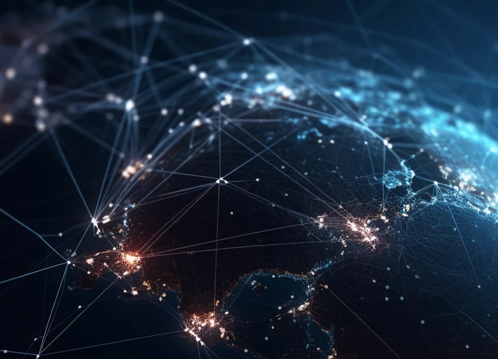 Digital representation of Earth at night with interconnected data points and glowing networks, symbolizing RLE's history of global growth, innovation, and international connections.