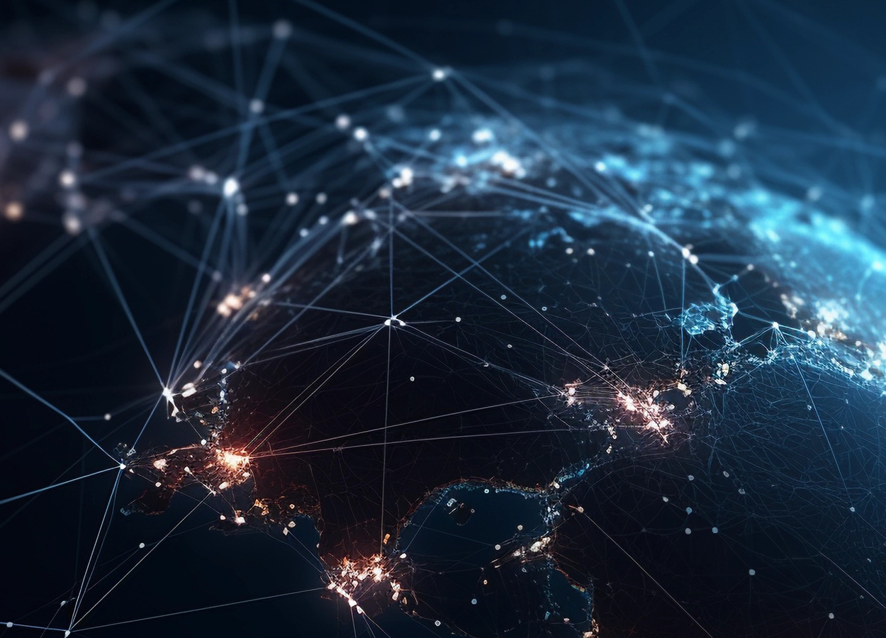 Digital representation of Earth at night with interconnected data points and glowing networks, symbolizing RLE's history of global growth, innovation, and international connections.