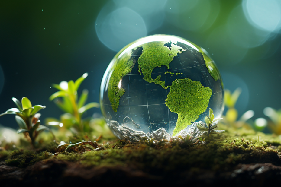 A glass globe with green continents sits on moss surrounded by small plants, reflecting environmental focus and sustainability efforts.