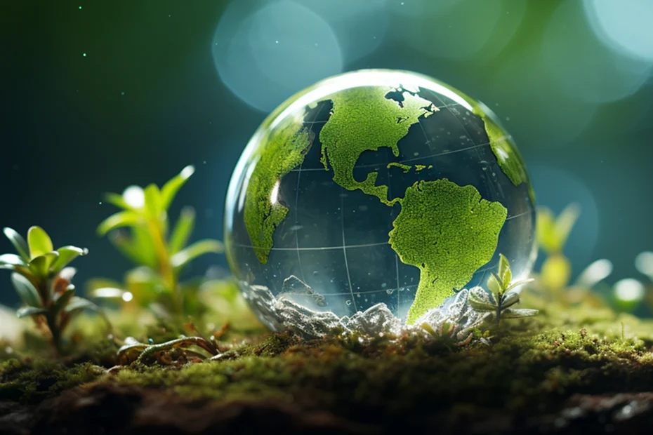 A glass globe with green continents sits on moss surrounded by small plants, reflecting environmental focus and sustainability efforts.