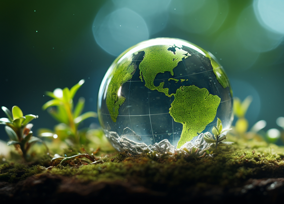 A glass globe with green continents sits on moss surrounded by small plants, reflecting environmental focus and sustainability efforts.