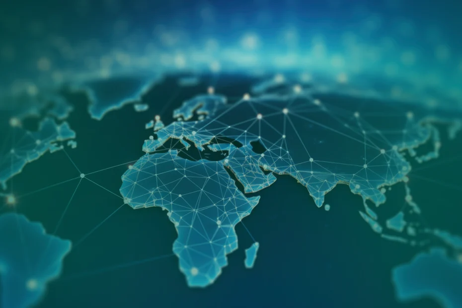 A digital world map with interconnected points and glowing lines highlighting global locations and network connections.