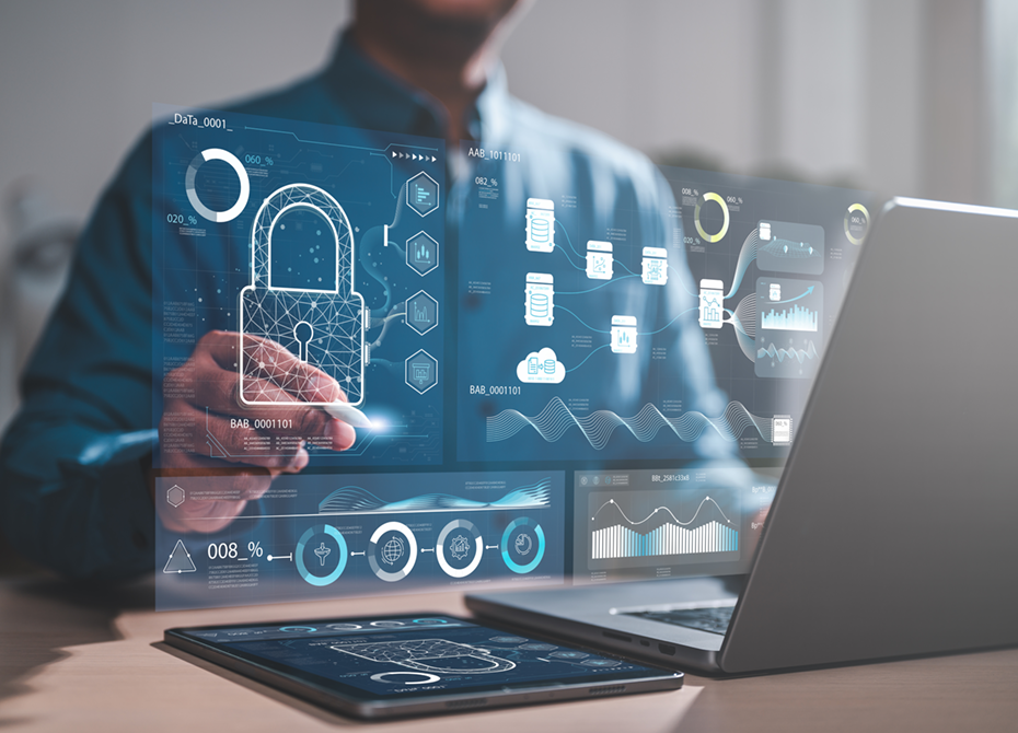 Digital interface showcasing advanced data protection and compliance measures, with a professional analyzing secure systems and feedback on a holographic display in a modern office setting.