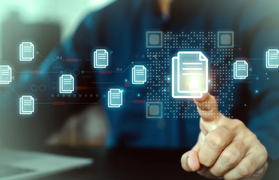 Digital interface with stacked document icons and a person interacting, symbolizing efficient press contact and streamlined information management.
