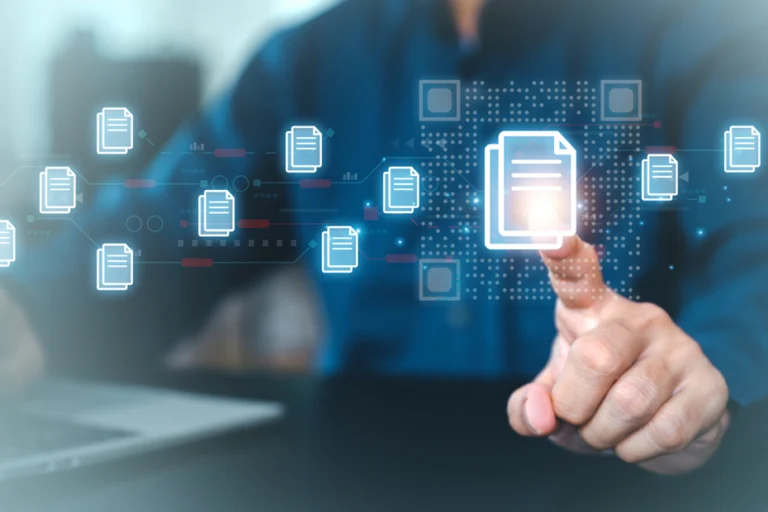 Person interacting with a digital interface displaying document icons, symbolizing efficient contact management and streamlined communication processes.