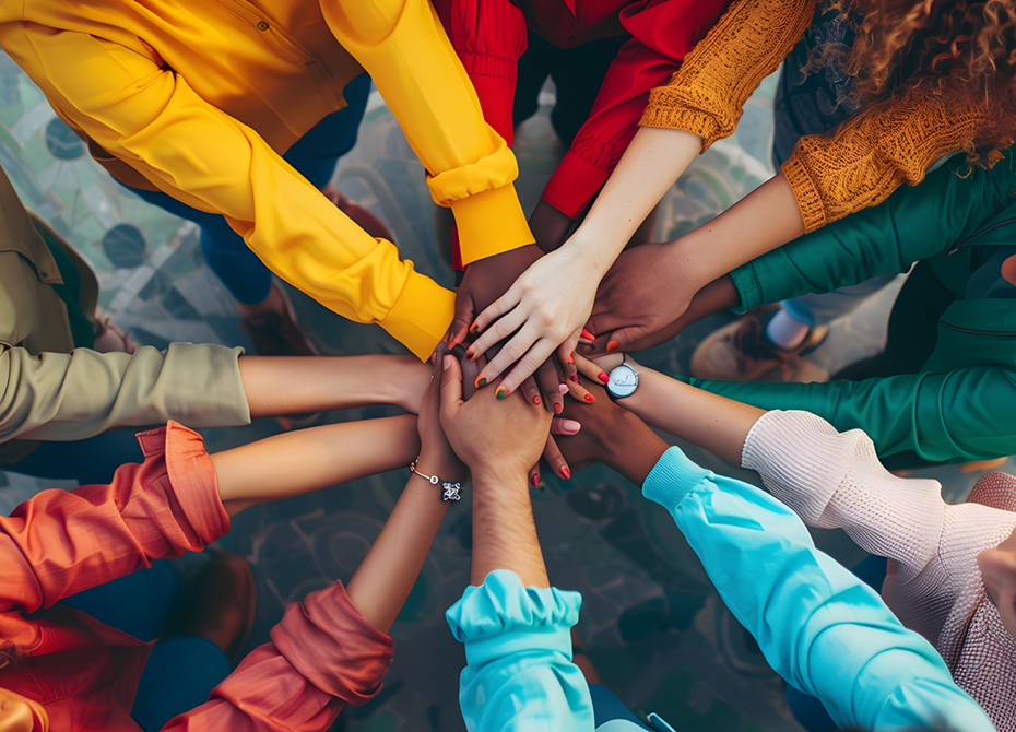 Group of people standing in a circle with their hands stacked together in a gesture of unity and teamwork.