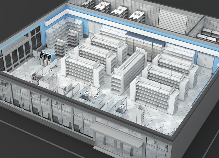 3D rendering of a retail store layout showcasing detailed space planning with organized shelving, checkout counters, and aisles designed for optimal product placement and customer flow.