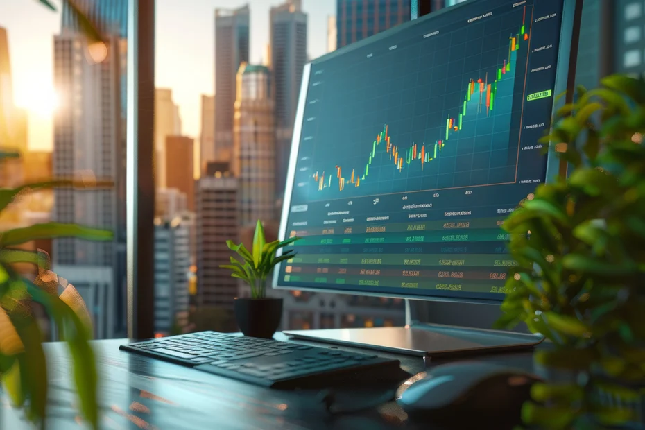 A modern office setup with a computer displaying financial charts and data, reflecting analysis and progress featured in sustainability reports.