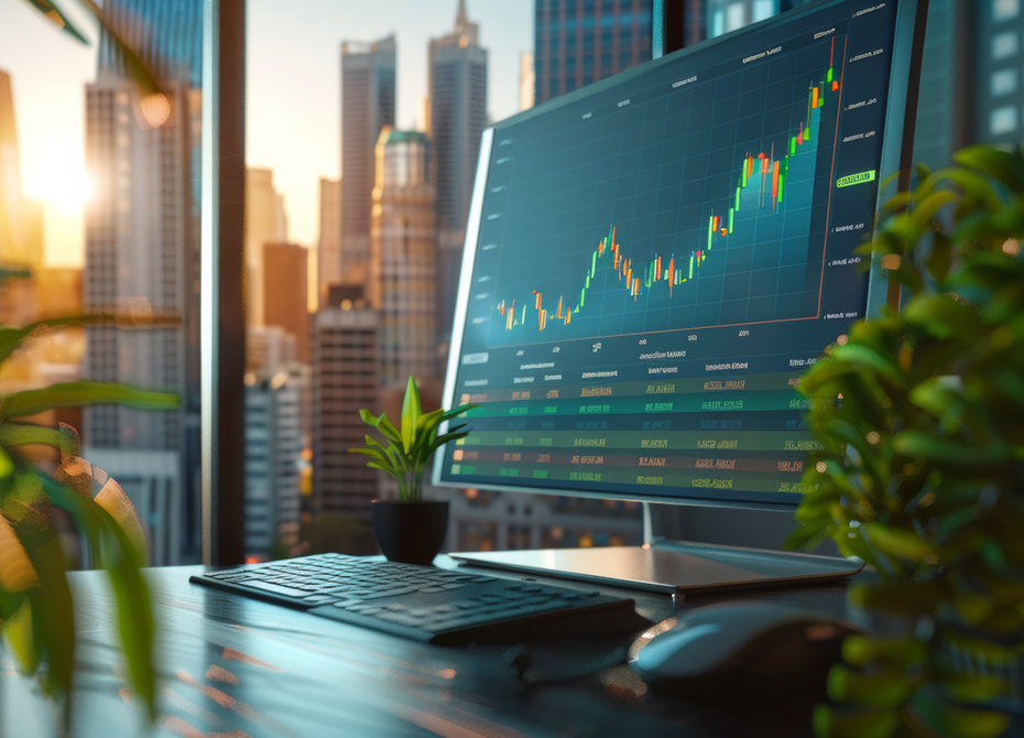 A modern office setup with a computer displaying financial charts and data, reflecting analysis and progress featured in sustainability reports.