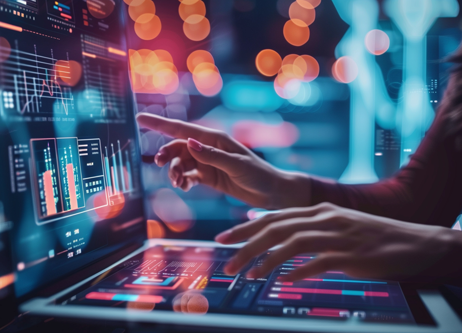 An consultant works on process optimization, analyzing detailed charts and data on a digital interface as part of the company's consulting services.