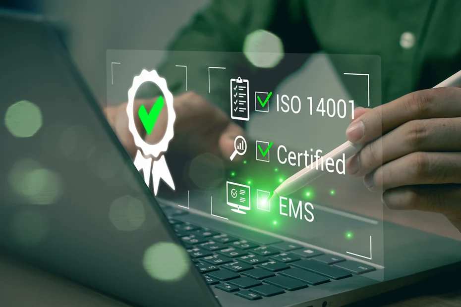 Close-up of a hand using a digital pen on a laptop, displaying virtual icons and text related to ISO 14001 certification, EMS, and certificates, symbolizing compliance and quality assurance standards.
