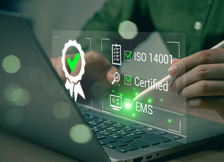Close-up of a hand using a digital pen on a laptop, displaying virtual icons and text related to ISO 14001 certification, EMS, and certificates, symbolizing compliance and quality assurance standards.