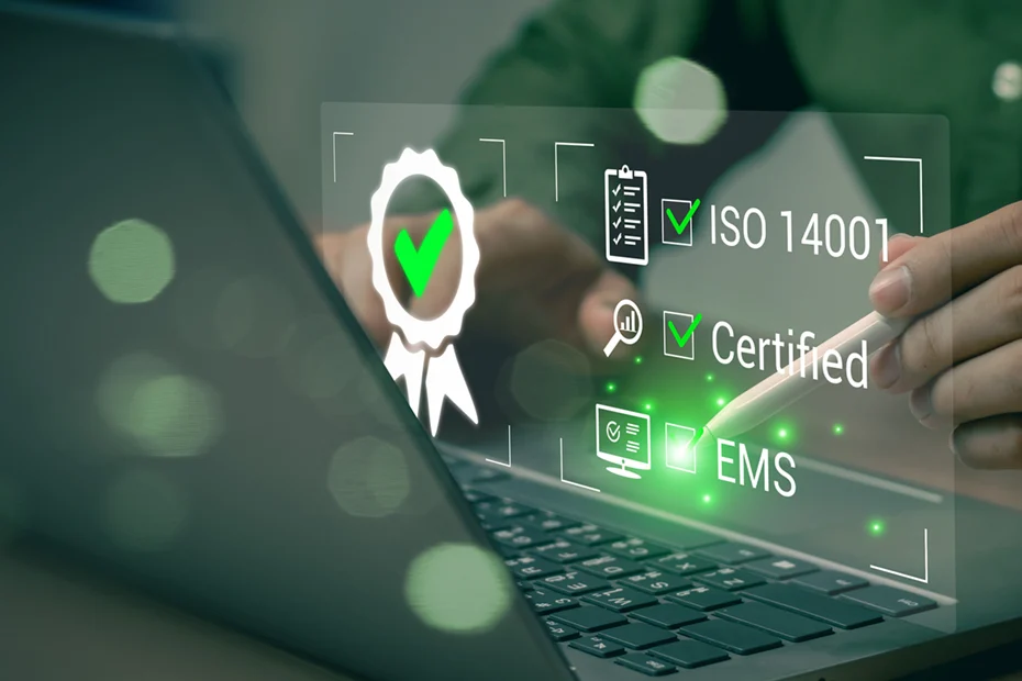 A digital display shows ISO 14001 certification and EMS compliance with a green checkmark, symbolizing strong governance in environmental management systems and sustainable practices.