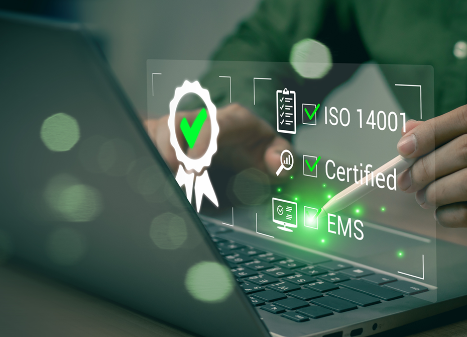A digital display shows ISO 14001 certification and EMS compliance with a green checkmark, symbolizing strong governance in environmental management systems and sustainable practices.