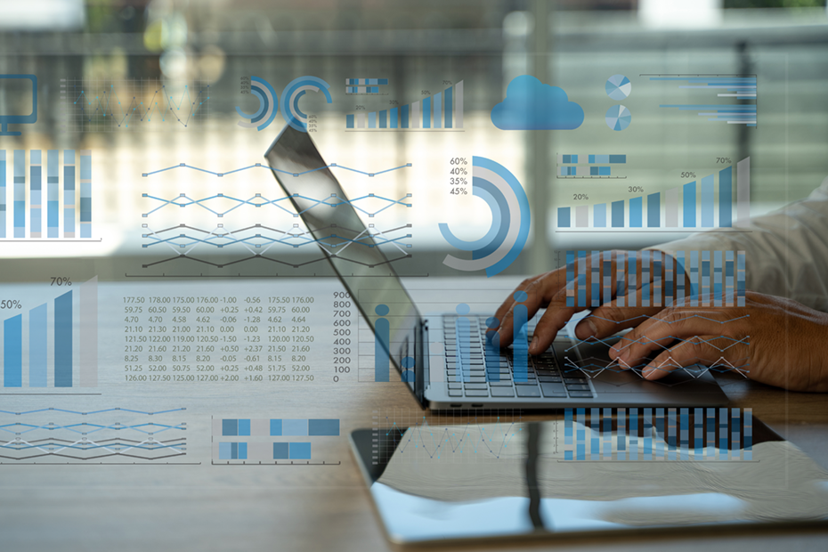Close-up of hands typing on a laptop, overlaid with digital sales analytics charts and graphs, representing effective sales contact management and data-driven strategies.