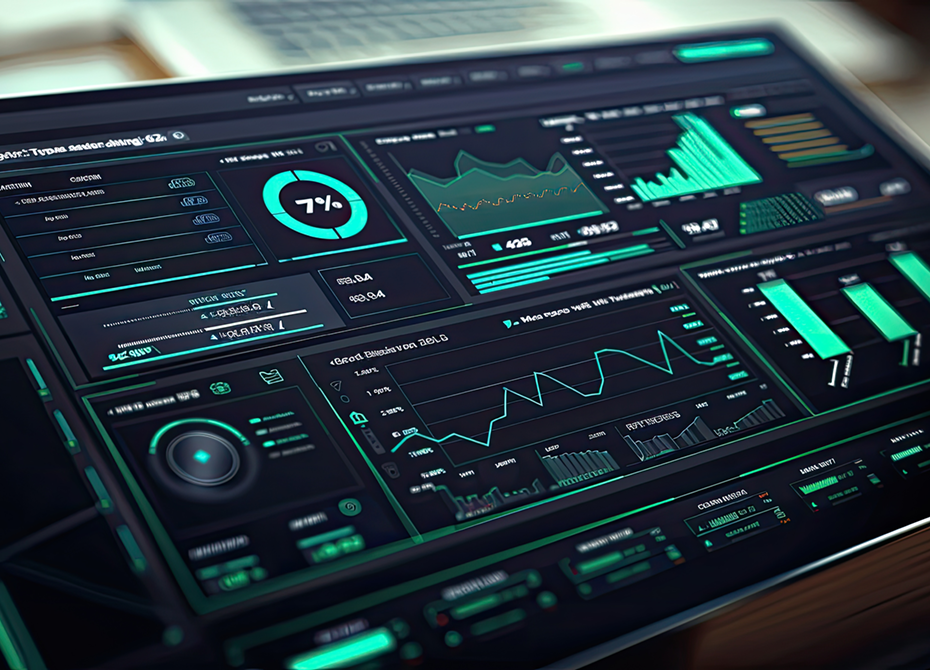 A close-up of a high-tech dashboard displaying various analytics, charts, and data visualizations, showcasing software development and custom application development for advanced data management solutions.