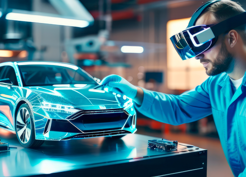 An engineer wearing a VR headset works on a digital car model as part of a project business, developing innovative mobility solutions in an advanced automotive environment.