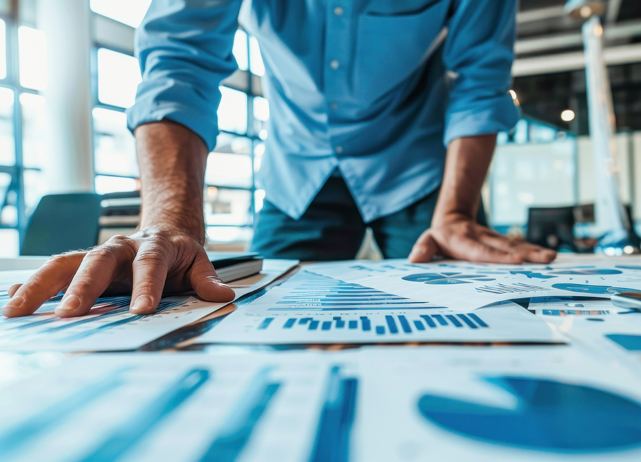 A consultant reviews data charts and analytics at a desk, analyzing business performance and strategies in a professional setting.