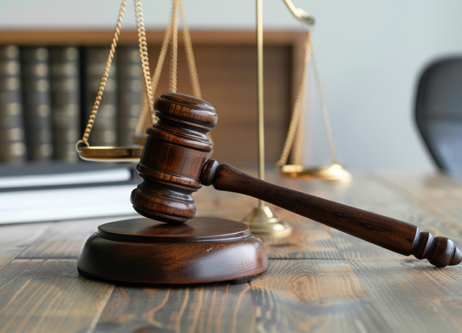 Wooden gavel and scales of justice on a desk, symbolizing legal compliance and governance, as well asethical standards in RLEs business practices.
