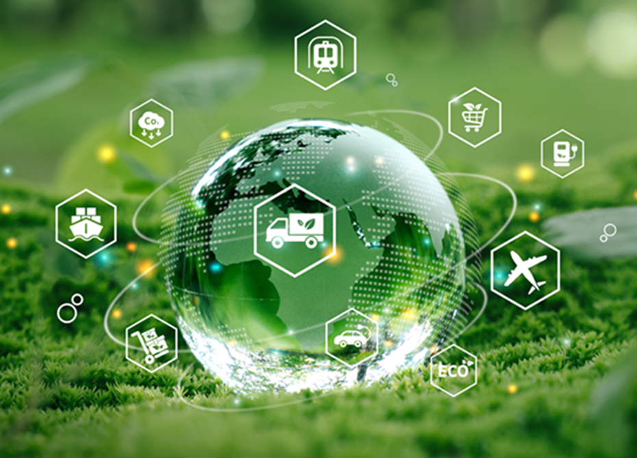 A glass globe sits on vibrant green moss, surrounded by digital icons representing eco-friendly logistics, transportation, and CO₂ reduction, symbolizing the social responsibility of sustainable supply chain practices.