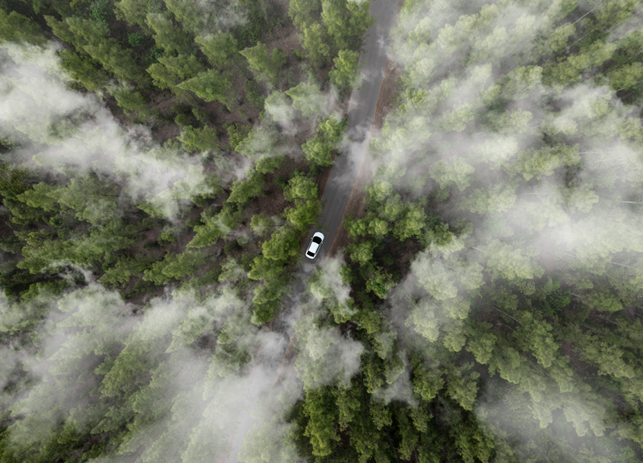 An aerial view of a car driving through a dense, green forest with mist rising, symbolizing environmental sustainability and the harmony between mobility and nature.