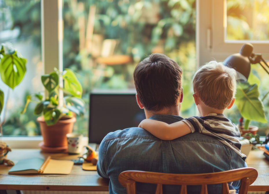 A parent and child sitting together at a cozy, plant-filled home office, symbolizing a healthy work-life balance and strong social connections in a flexible work environment.