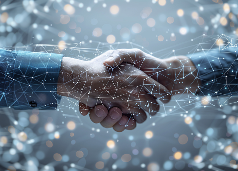 Two hands shaking in agreement, surrounded by a digital network overlay, representing cooperation and technological collaboration in a connected environment.