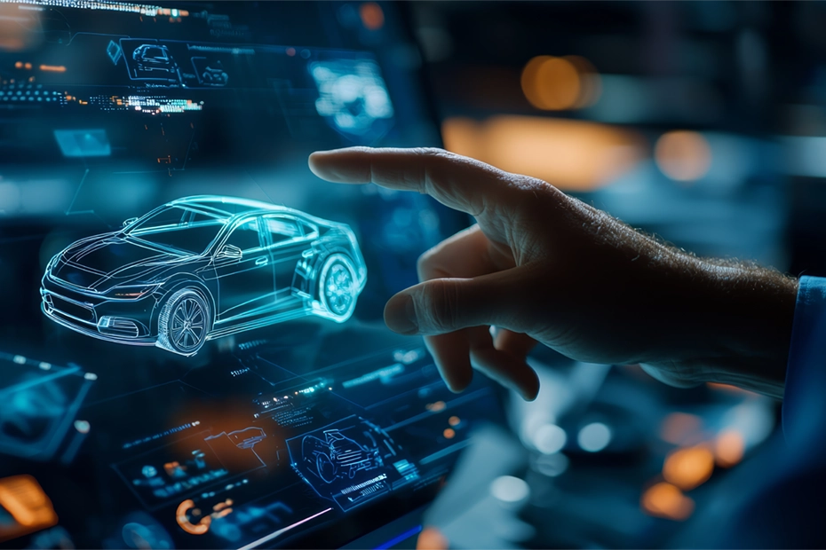 A person interacts with a digital interface displaying a 3D car model and technical data, showcasing advanced services in automotive design, engineering, and innovation.