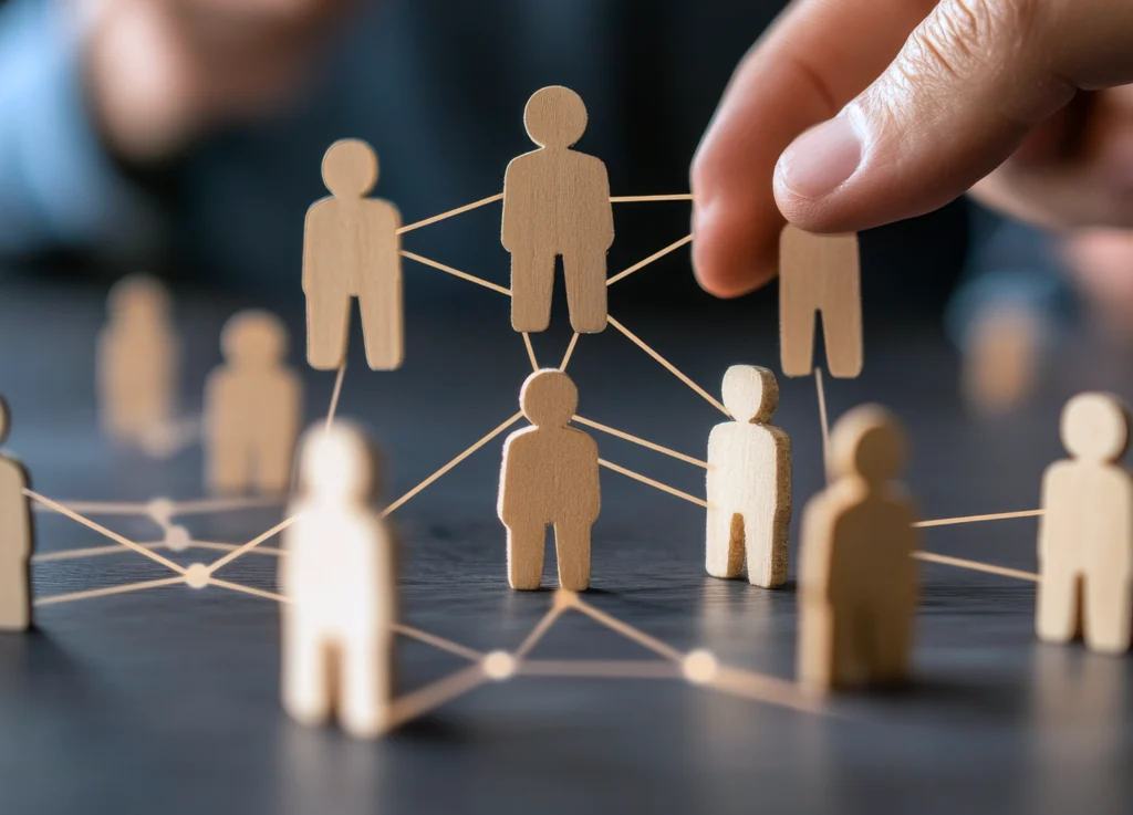 Wooden figures connected by strings represent teamwork and network structures, reflecting concepts of management and organizational coordination.