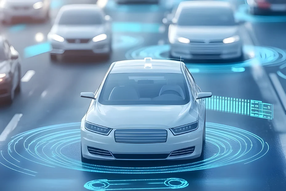 A futuristic image of autonomous vehicles on a smart road, surrounded by digital data overlays representing connectivity and advanced technology, symbolizing innovation across industry sectors like automotive, mobility, and AI-driven solutions.