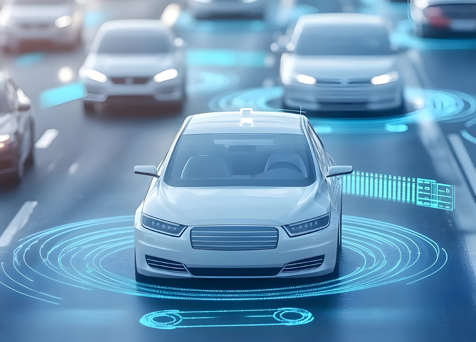A futuristic image of autonomous vehicles on a smart road, surrounded by digital data overlays representing connectivity and advanced technology, symbolizing innovation across industry sectors like automotive, mobility, and AI-driven solutions.