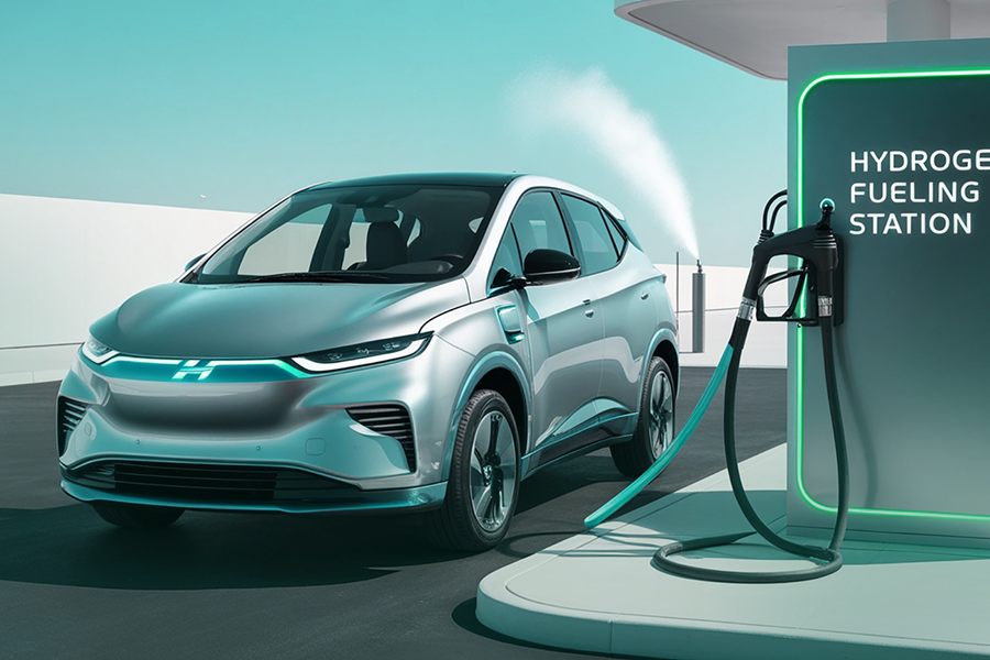 A modern hydrogen vehicle parked at a sleek hydrogen fueling station under a clear blue sky, showcasing sustainable mobility and clean energy solutions.