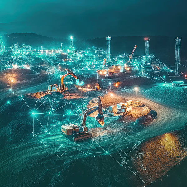 A futuristic mining site illuminated at night, showcasing heavy machinery in operation, interconnected with digital networks and advanced technology, emphasizing the integration of hydrogen-powered equipment for sustainable industrial practices.