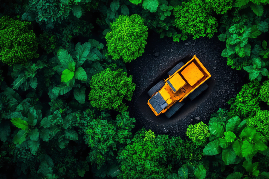 A vibrant aerial view of heavy machinery powered by hydrogen technology, surrounded by lush green forest, emphasizing sustainable innovation in industrial operations.