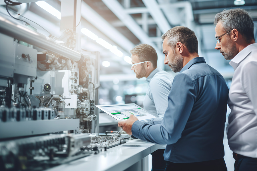Engineers analyzing data and components on a high-tech production line, focusing on precision processes in the field of medical technology.