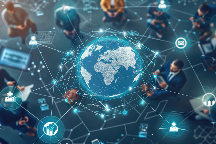 Digital globe surrounded by network lines, icons, and people using electronic devices