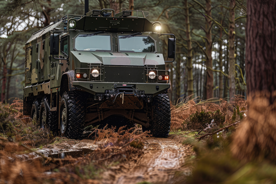 Camouflaged special vehicle navigating a muddy forest trail, designed for military and off-road operations.