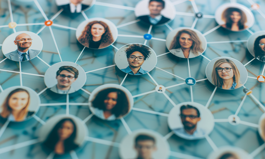 Portrait photos of various people connected by lines and icons on a blue background.