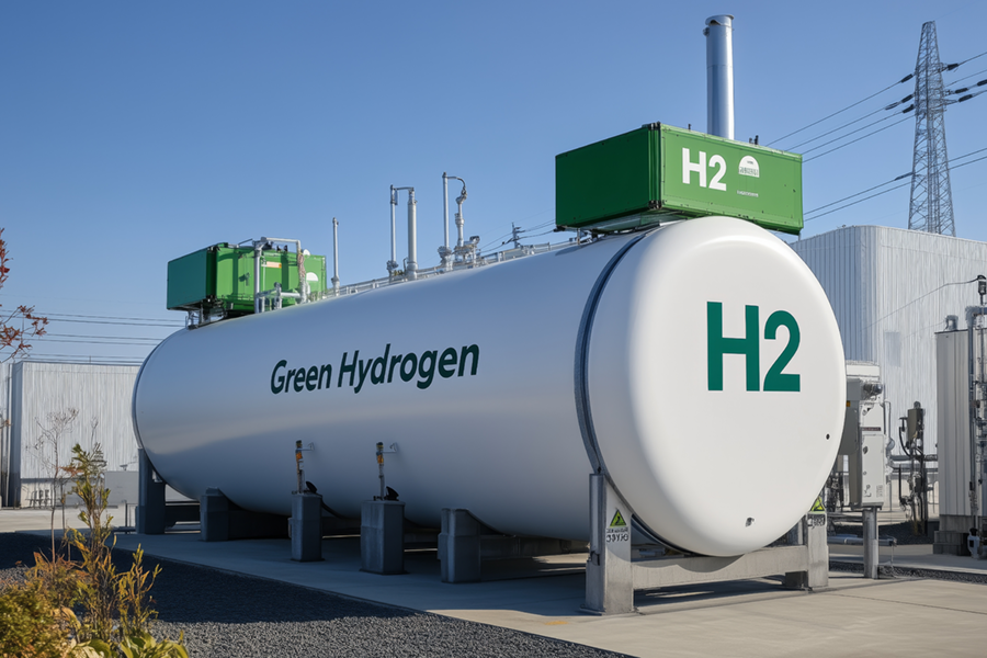 Green hydrogen storage tank labeled H₂ at an industrial facility, used for renewable energy applications.