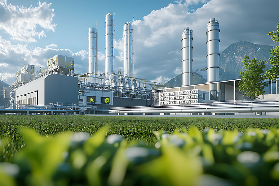 Modern industrial facility with tall processing towers and carbon capture units set against a mountainous landscape, focusing on sustainable energy production.