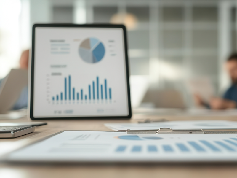 Tablet and printed reports displaying bar and pie charts used for monitoring data accuracy and validation in OEM projects.