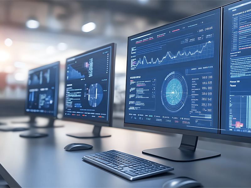 Multiple computer monitors displaying technical dashboards and data analytics used for data validation and quality assurance in OEM projects.