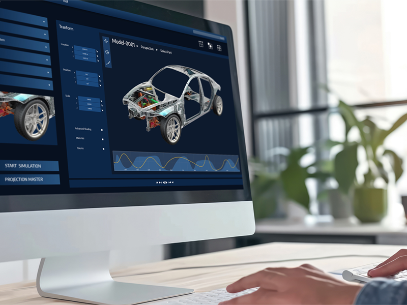 Person working on computer displaying 3D vehicle model and simulation interface used for data validation and release processes in OEM engineering projects.